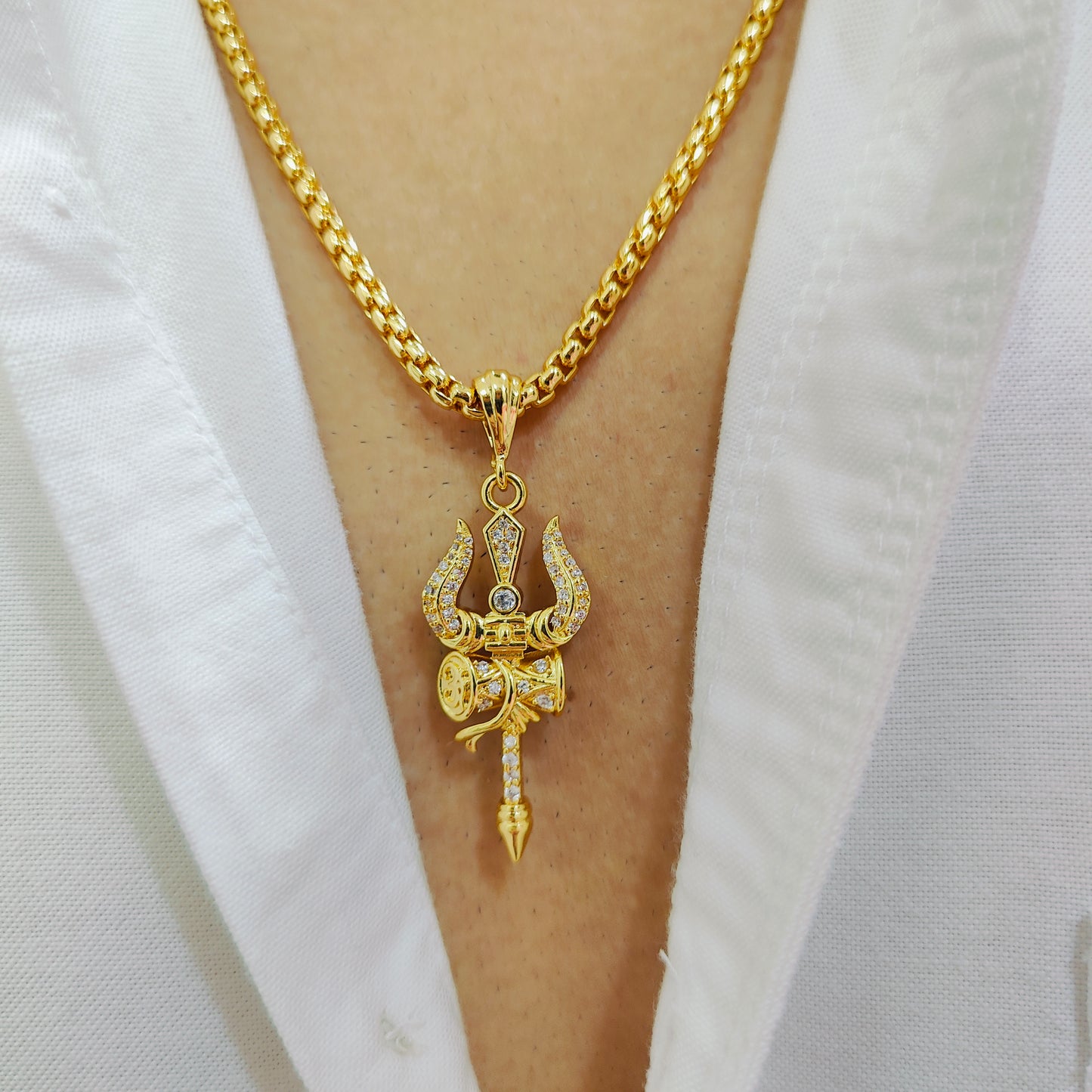 Trishul Eternia Pendant with Premium Diamond and Elegant Gold-Plated Chain