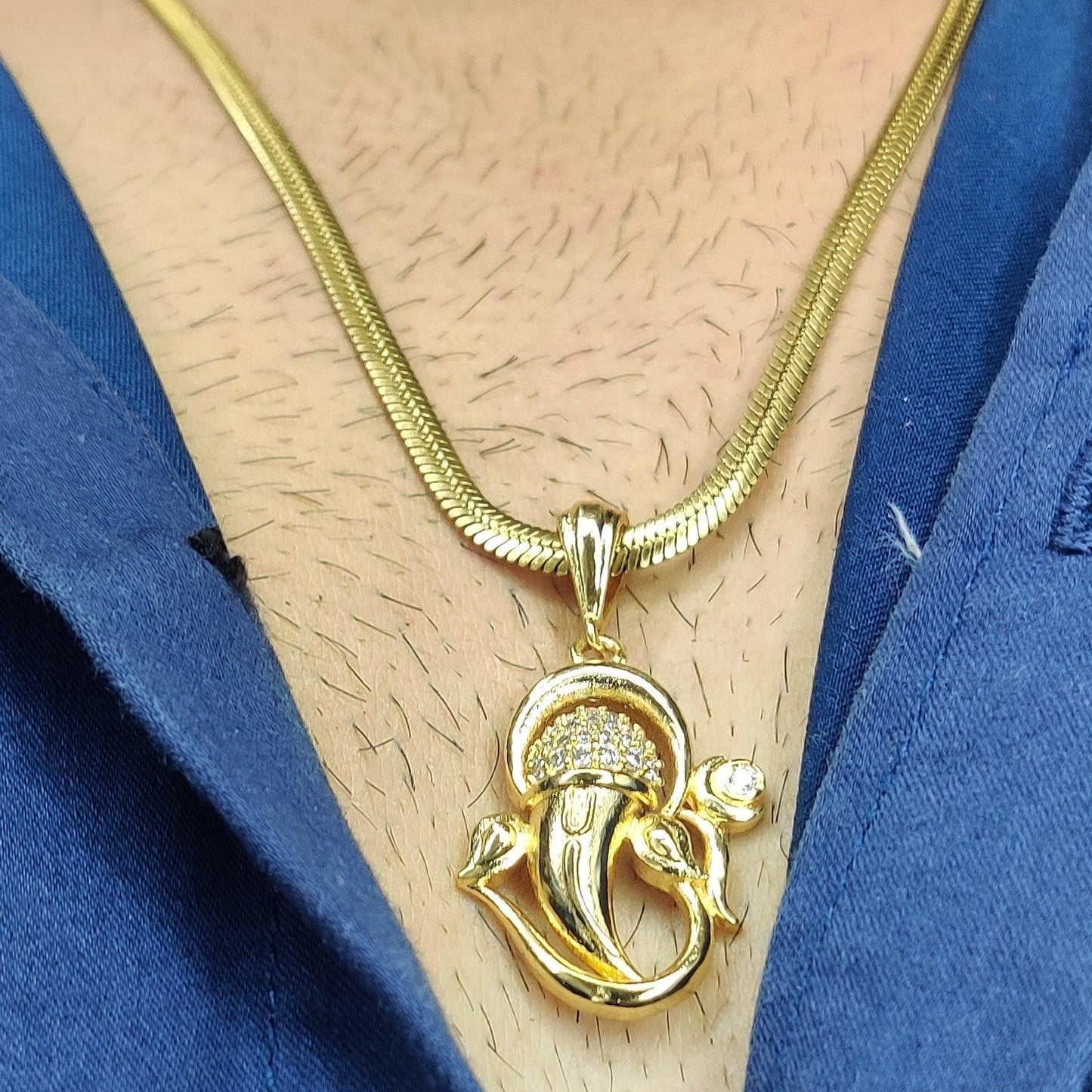 Studded CZ Ganesha Pendant with Gold Plated Chain