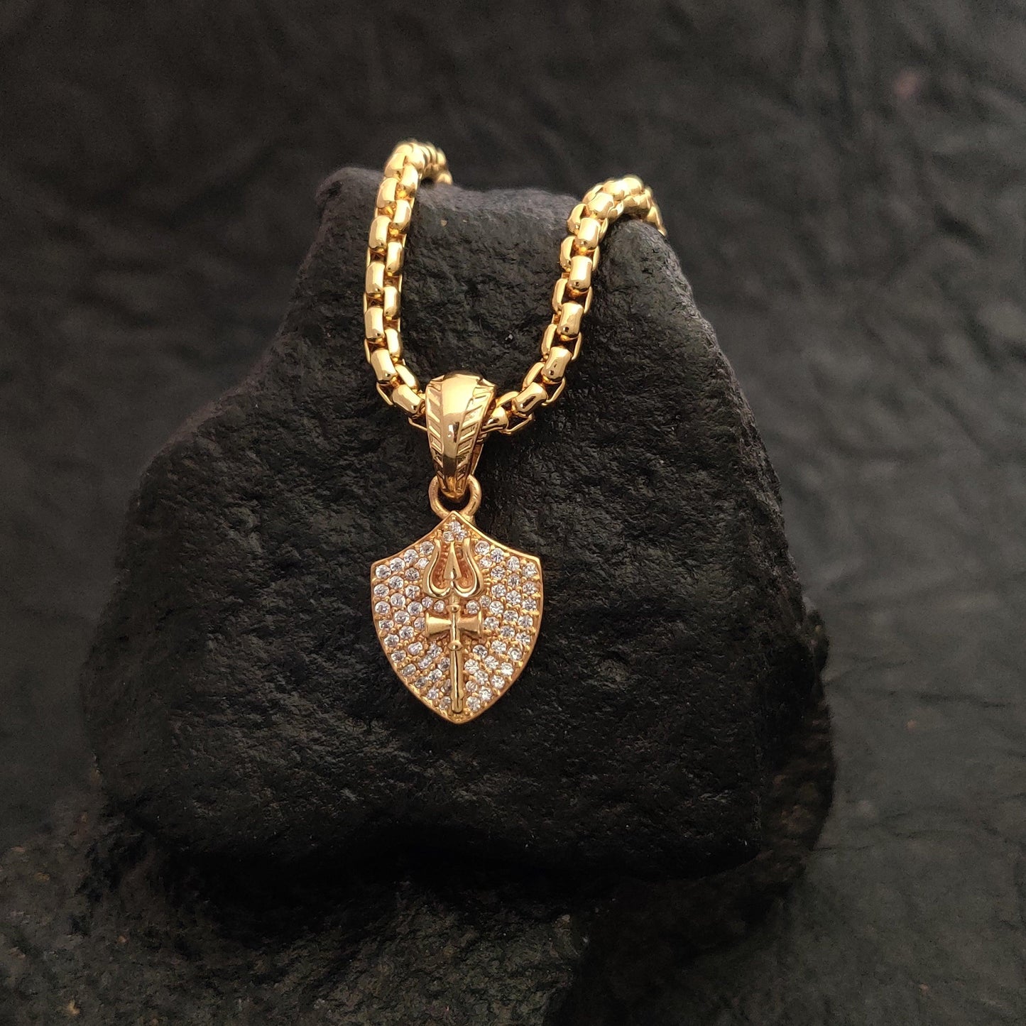Studded Diamond Trishul Shambhu Gold Plated with Chain
