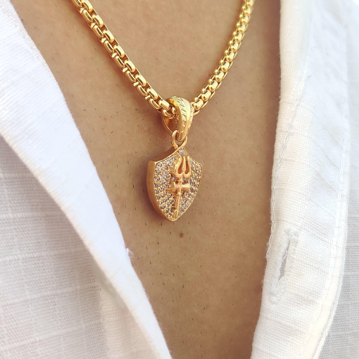 Studded Diamond Trishul Shambhu Gold Plated with Chain