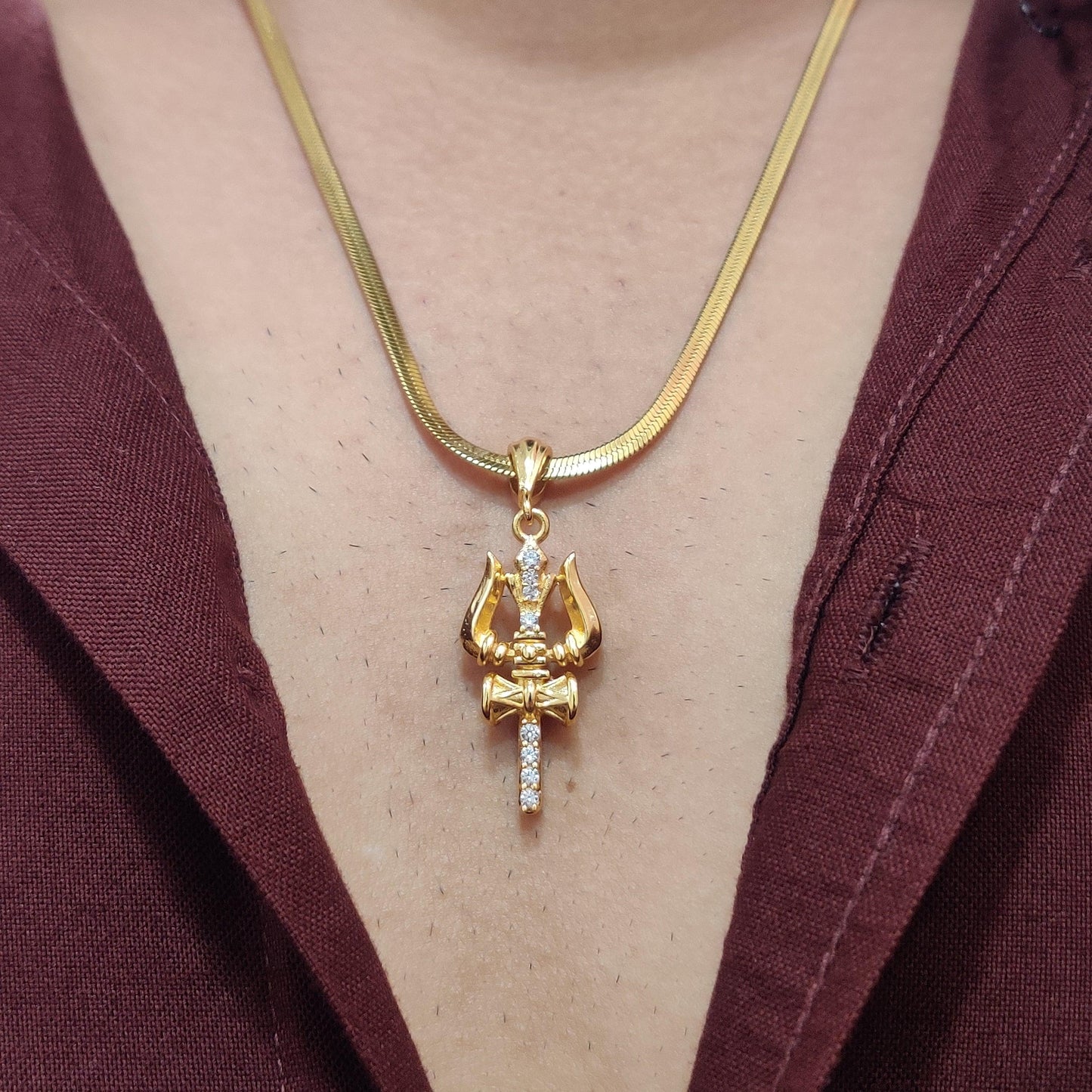 Zivia Shiv Trishul Diamond Pendant and Snake chain with gold plated