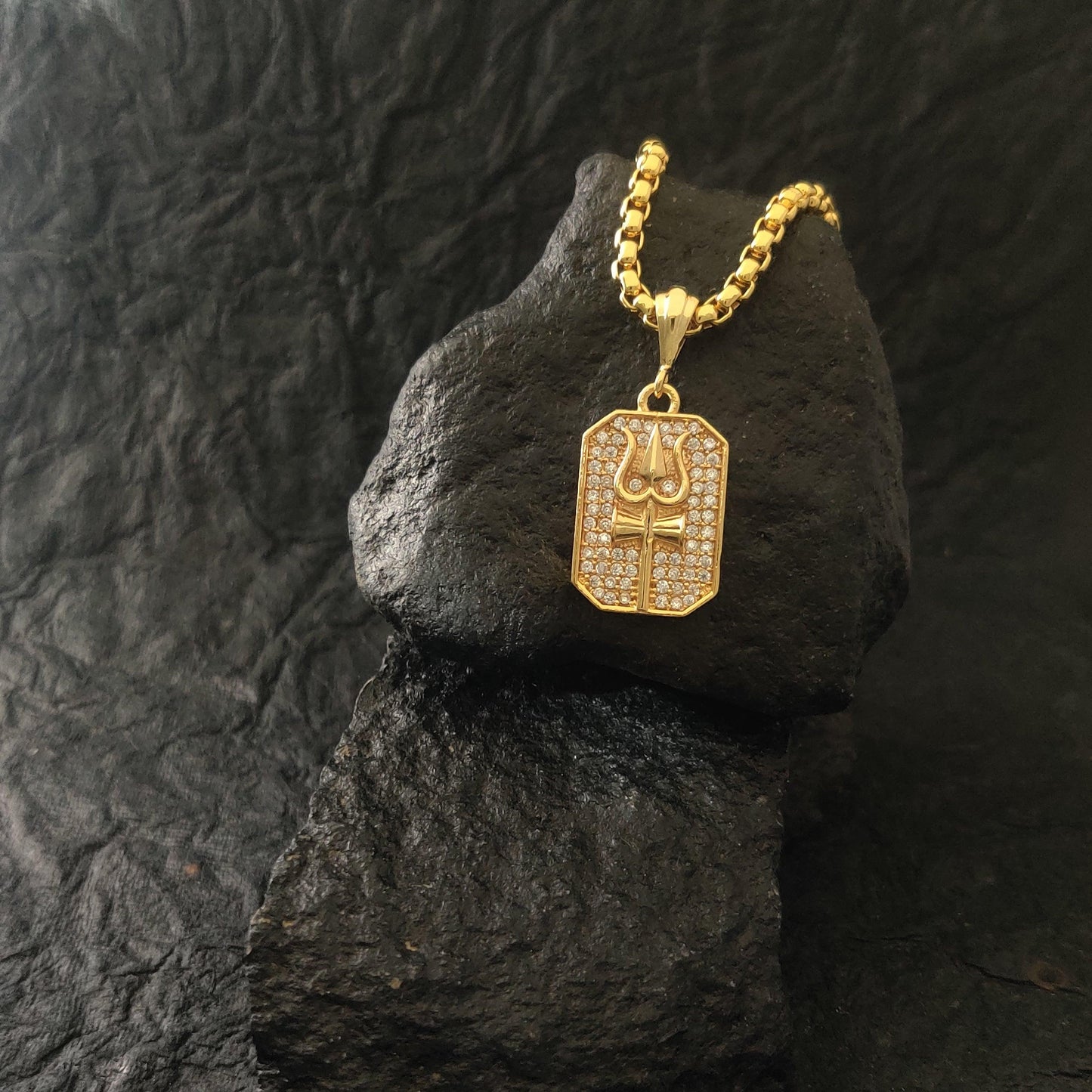 Rudra Trishul Gold Plated Diamond Pendant with Chain