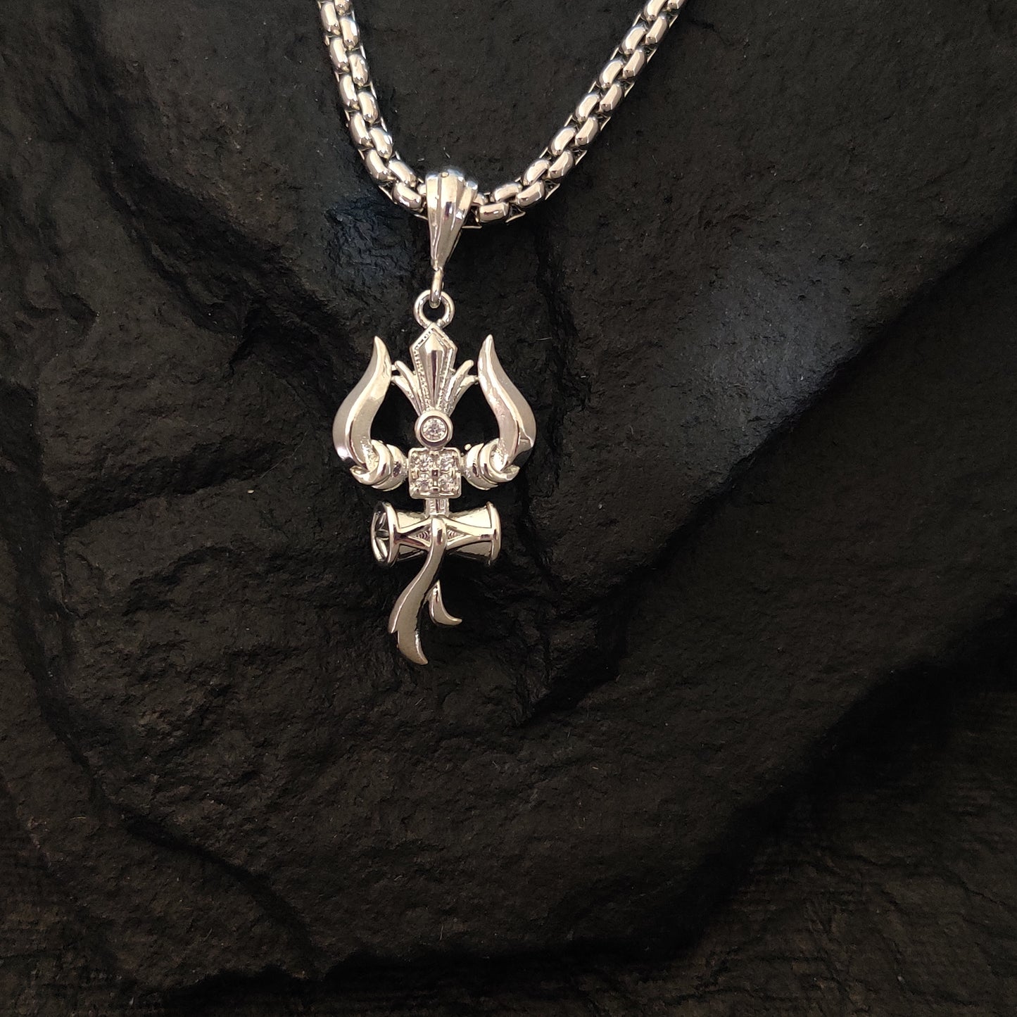 Silver Plated Premium Trishul and Damru om Pendant with Chain