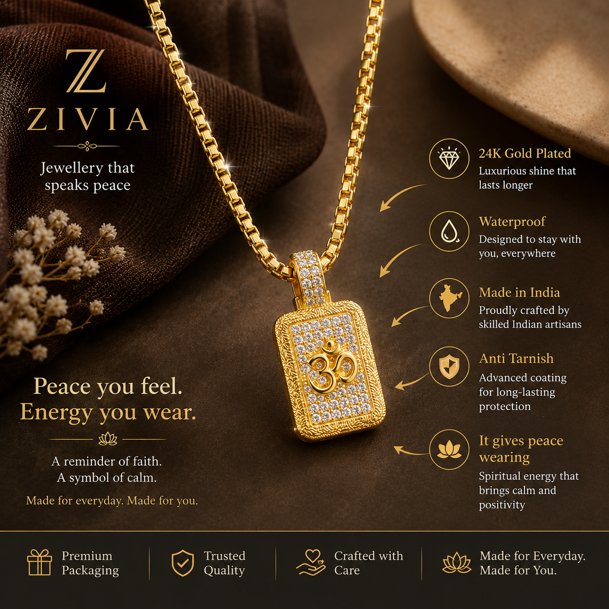 Zivia Aum Warrior pendant and chain with 24k Gold Plated