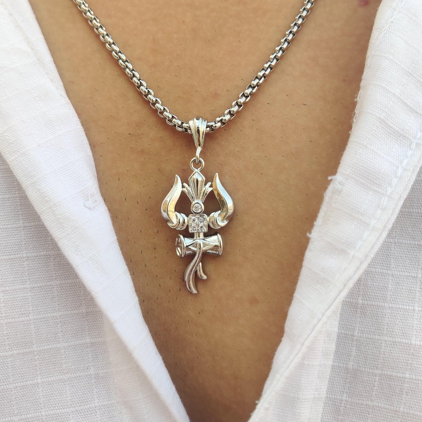 Silver Plated Premium Trishul and Damru om Pendant with Chain