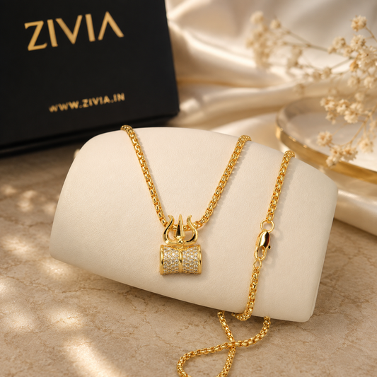 Zivia Mens 24k Gold Plated Trishiv Diamond Pendant and Chain