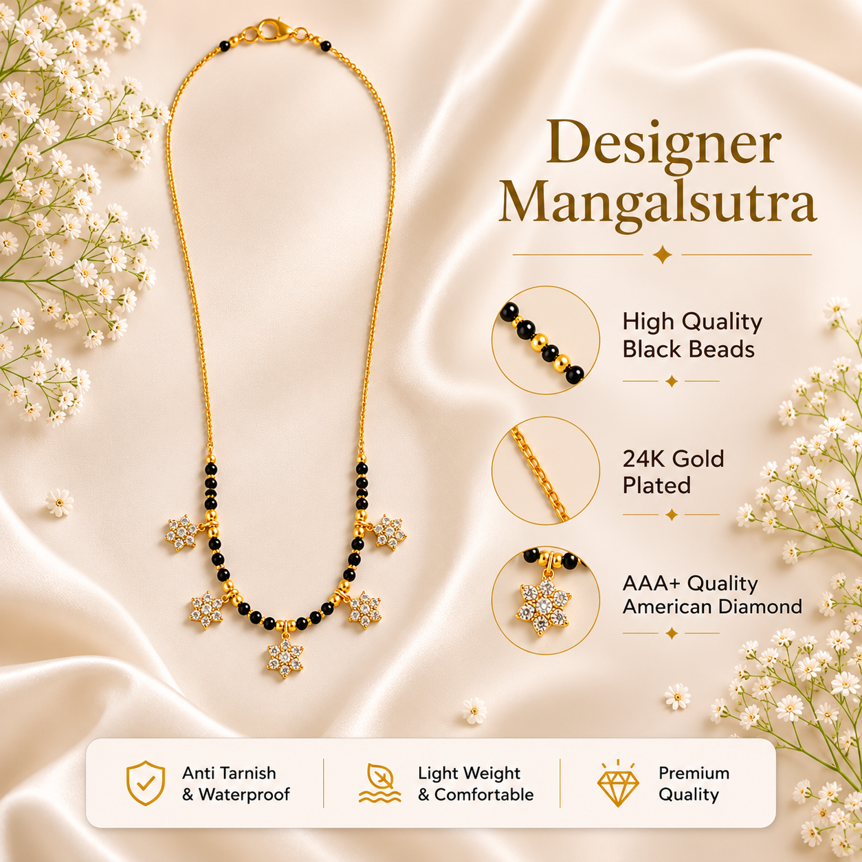 Zivia Snowflake Charm Mangalsutra 18k Gold Plated