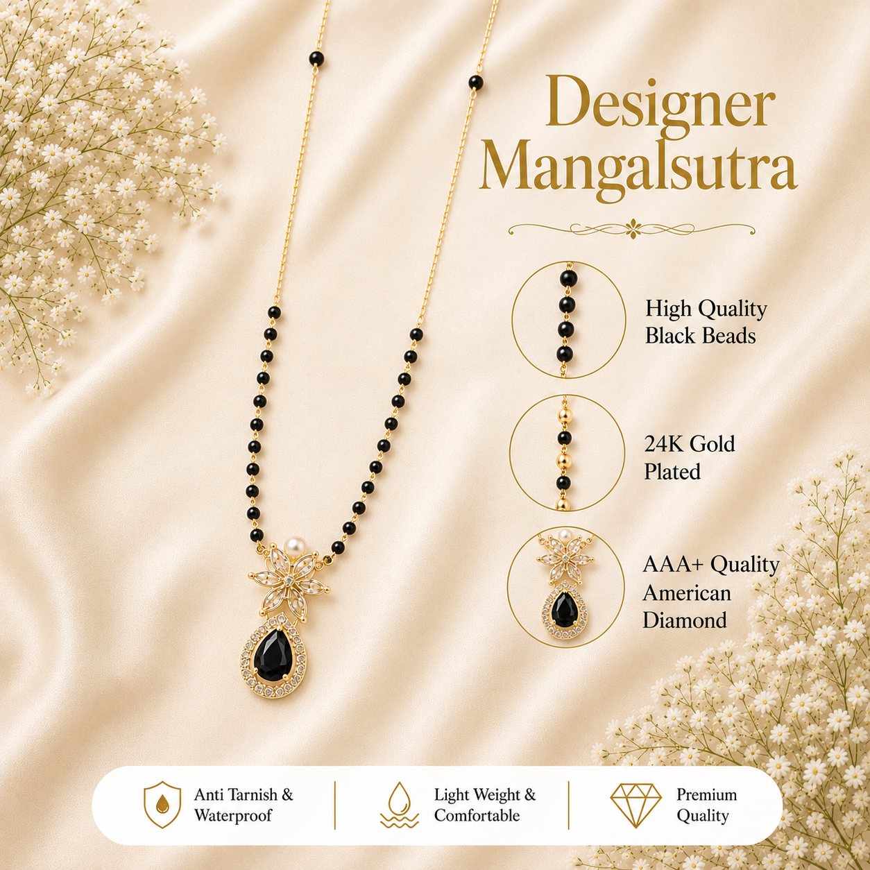Zivia Black Pearl Bloom Mangalsutra 18k Gold Plated (Copy)